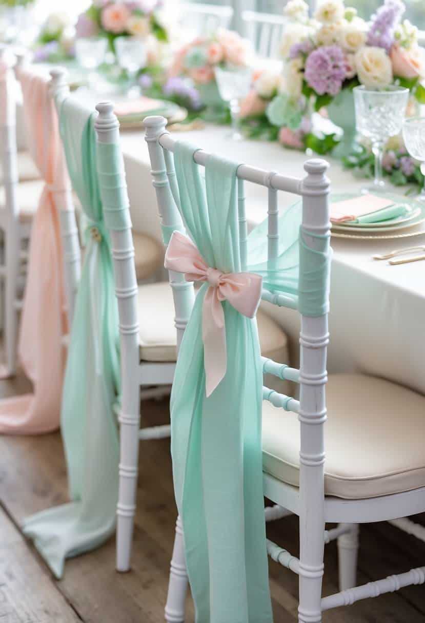 A beautifully set dining table with chairs tied with pastel-colored linen sashes and decorated with matching pastel flowers and tableware.