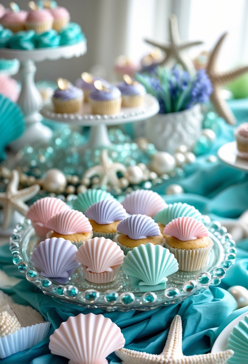 A table set with 50 cupcakes in shell-shaped wrappers surrounded by seashells, starfish, and ocean-themed decorations.