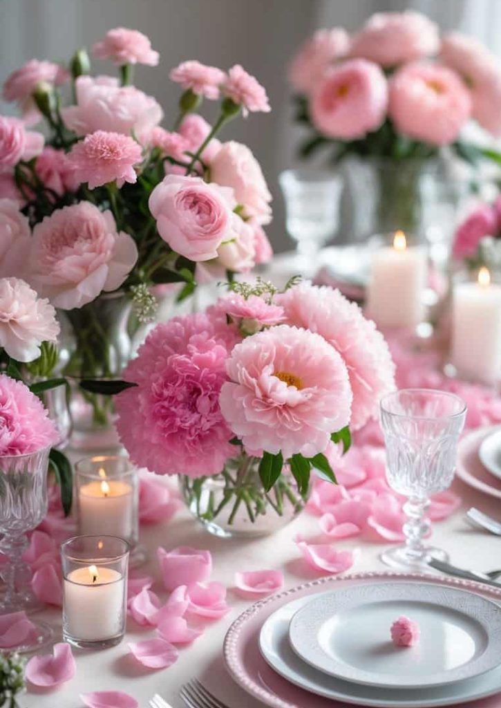 A table set with white plates, glassware, and pink napkins, decorated with pink flowers, candles, and rose petals.