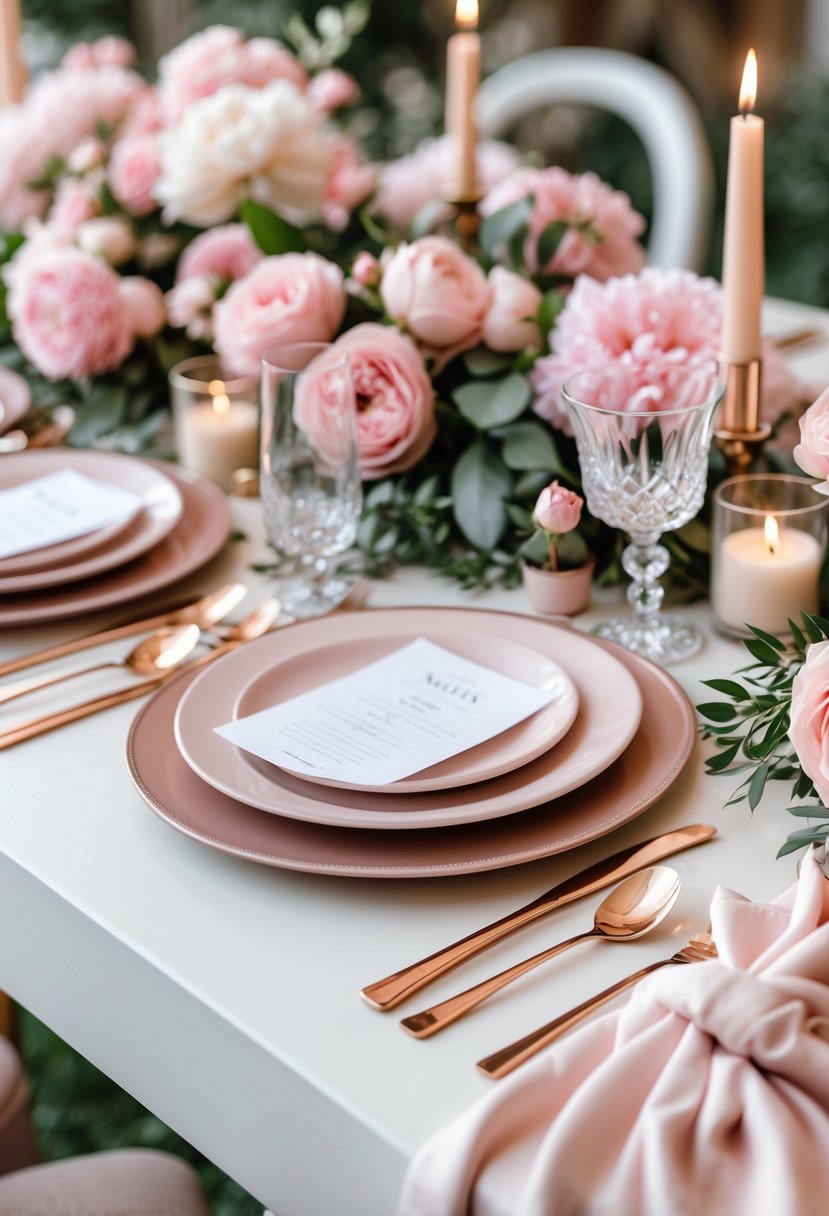 A table set with rose gold flatware surrounded by pink flowers and greenery.