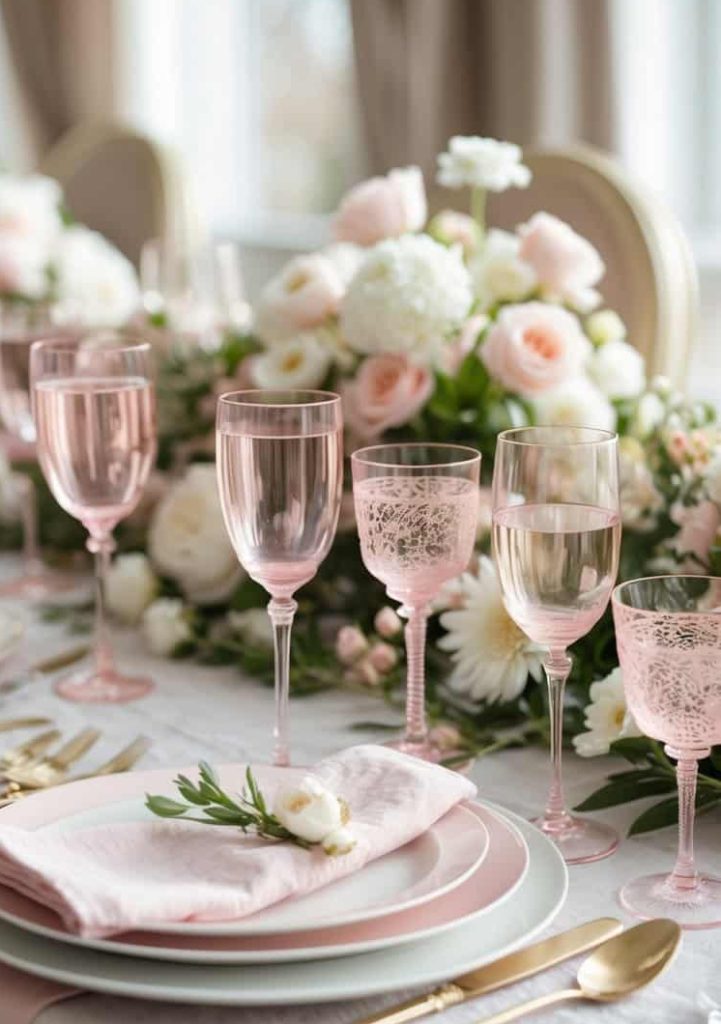A formal table setting with pink glassware, gold cutlery, pink plates, and white napkins, decorated with white and pink flowers.