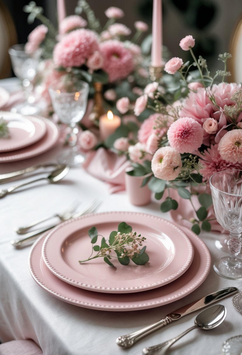 A dining table set with pink ceramic chargers under blush plates, surrounded by pink flowers and greenery.