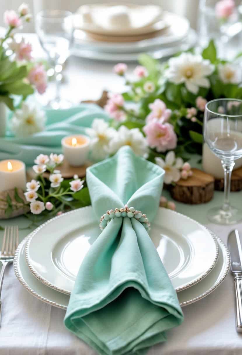 A spring dinner table set with seafoam green beaded napkin rings on white plates, surrounded by flowers and greenery.
