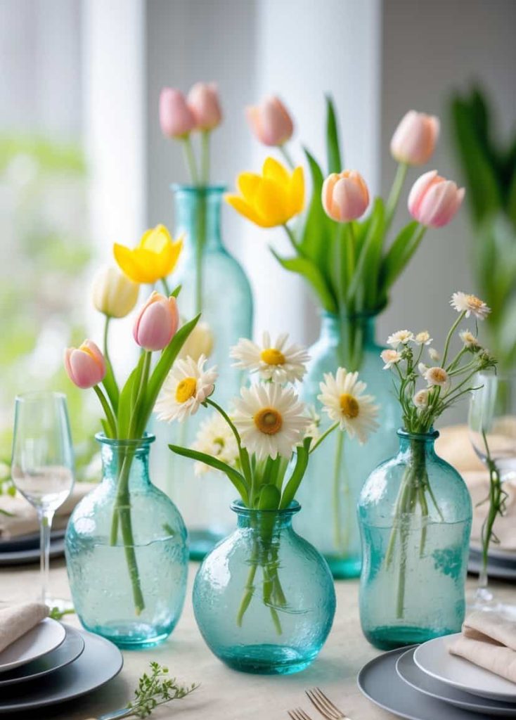 A table setting with blue glass vases holding yellow tulips, pink tulips, and white daisies near plates, cutlery, and glasses.