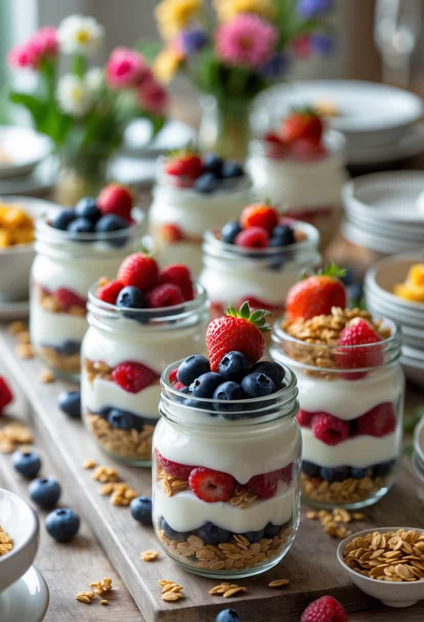 Multiple yogurt parfaits in clear mason jars arranged on a brunch buffet table with fresh berries and granola.