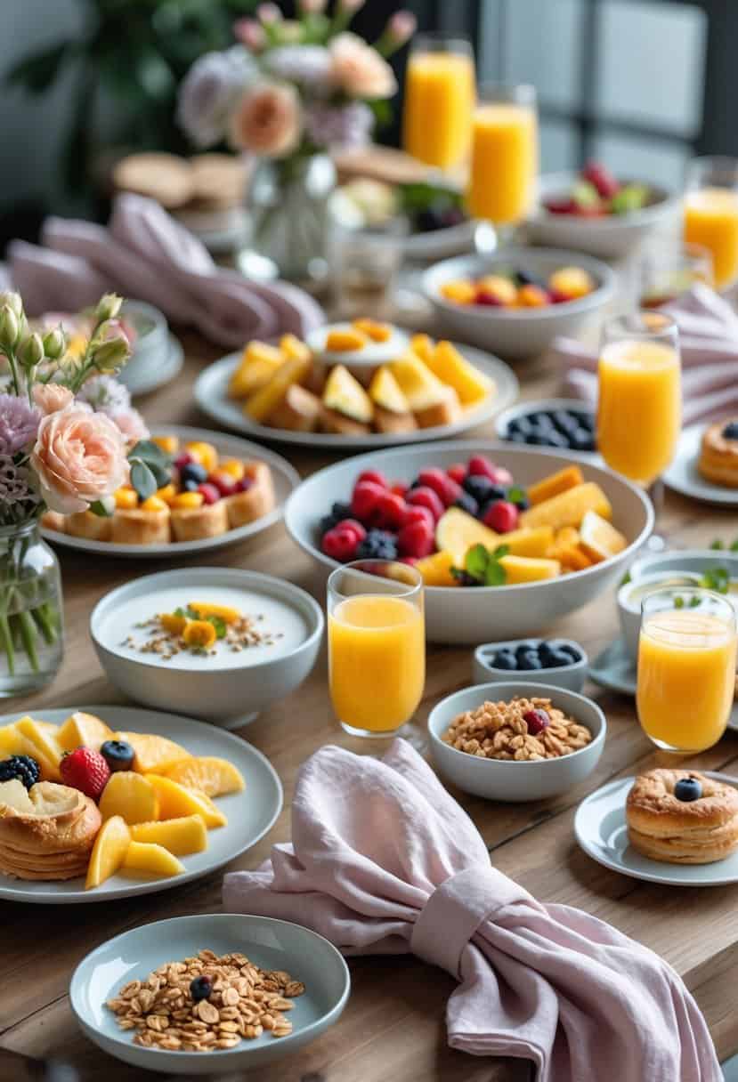 A brunch table set with pastel-colored linen napkins, fresh fruit, pastries, flowers, and drinks on a wooden surface.