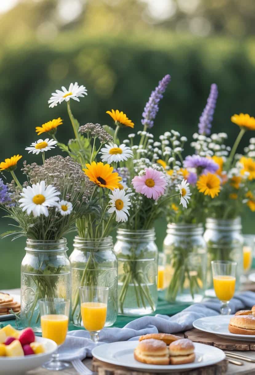 Brunch buffet table with Mason jars filled with wildflowers and various dishes arranged on a wooden table outdoors.