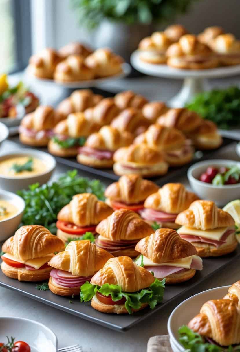 Mini croissant sandwiches with various fillings arranged on a buffet table with other brunch items in the background.