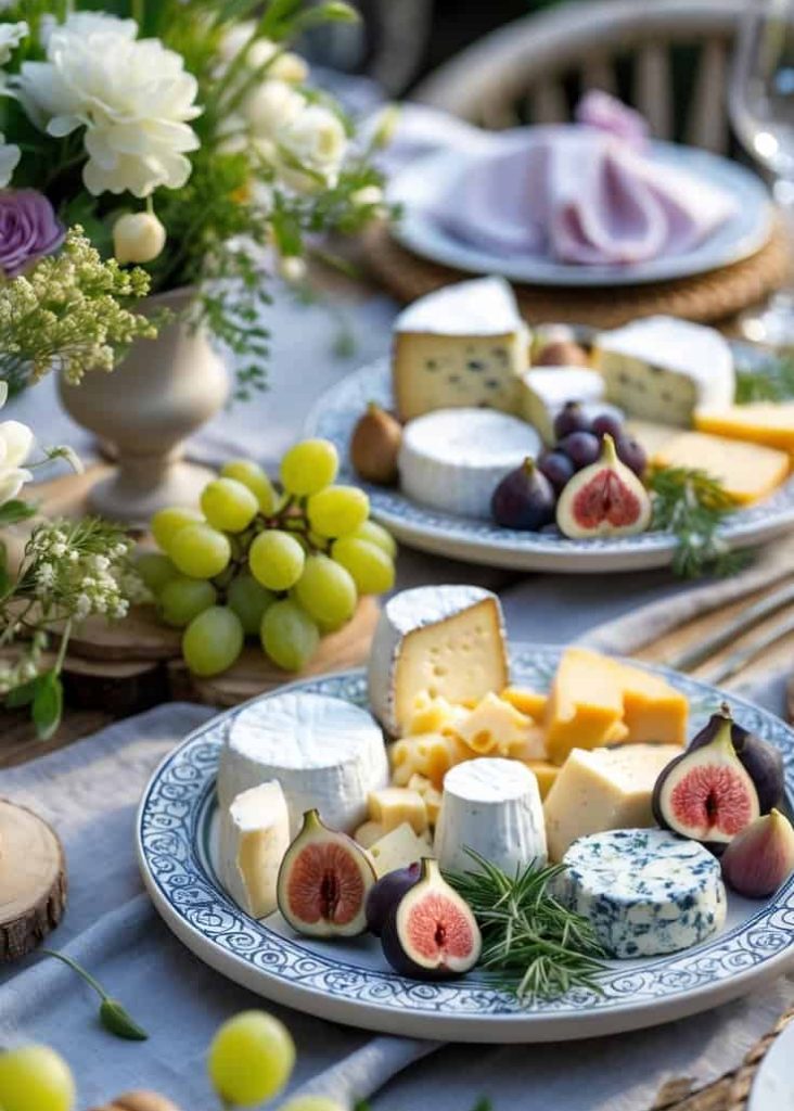 A table set with plates of assorted cheeses, figs, grapes, and herbs, with flowers and glassware in the background.