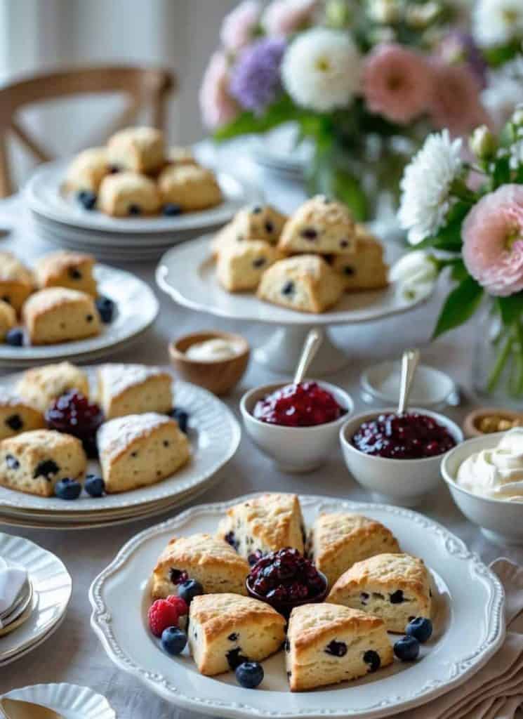 Plates of blueberry scones are arranged on a table with bowls of jam and cream, surrounded by flowers and tableware.