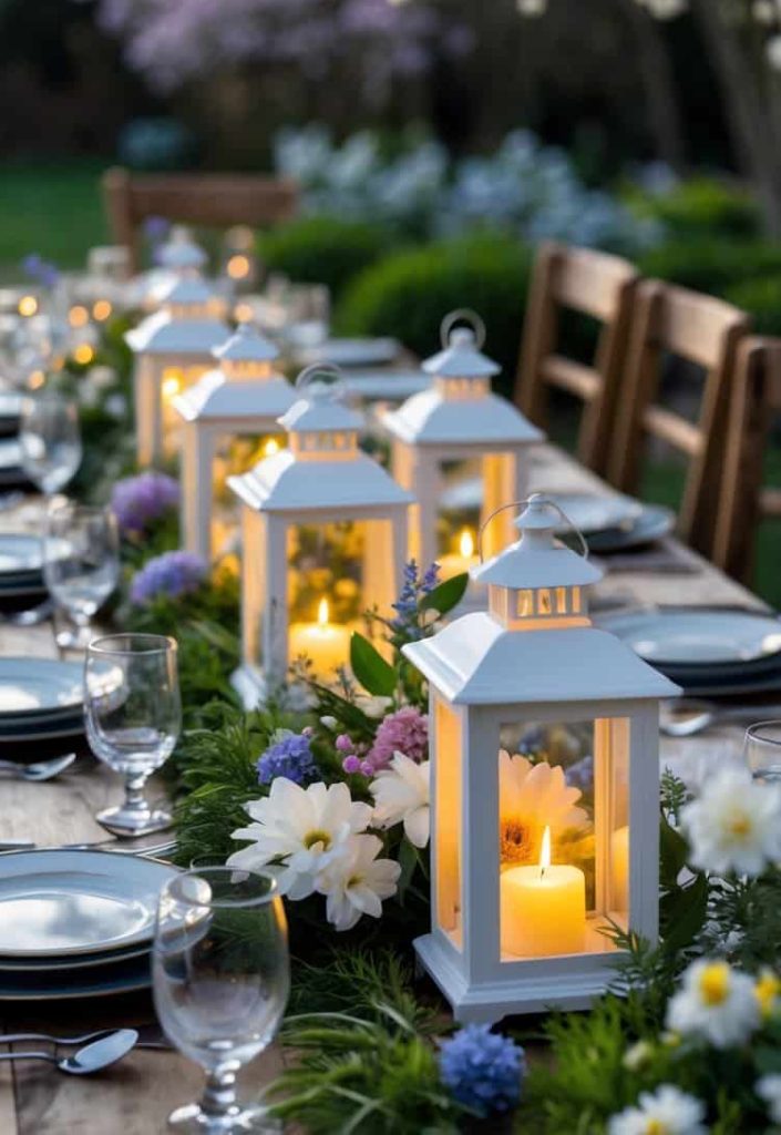 A wooden outdoor table is set with plates, glasses, and silverware. White lanterns with lit candles and floral garlands decorate the center of the table.
