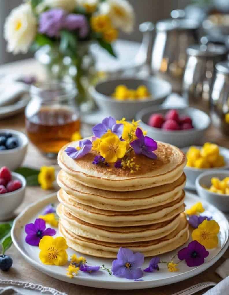 A stack of pancakes decorated with edible flowers sits on a plate, surrounded by bowls of berries, mango, and syrup on a wooden table set for breakfast.