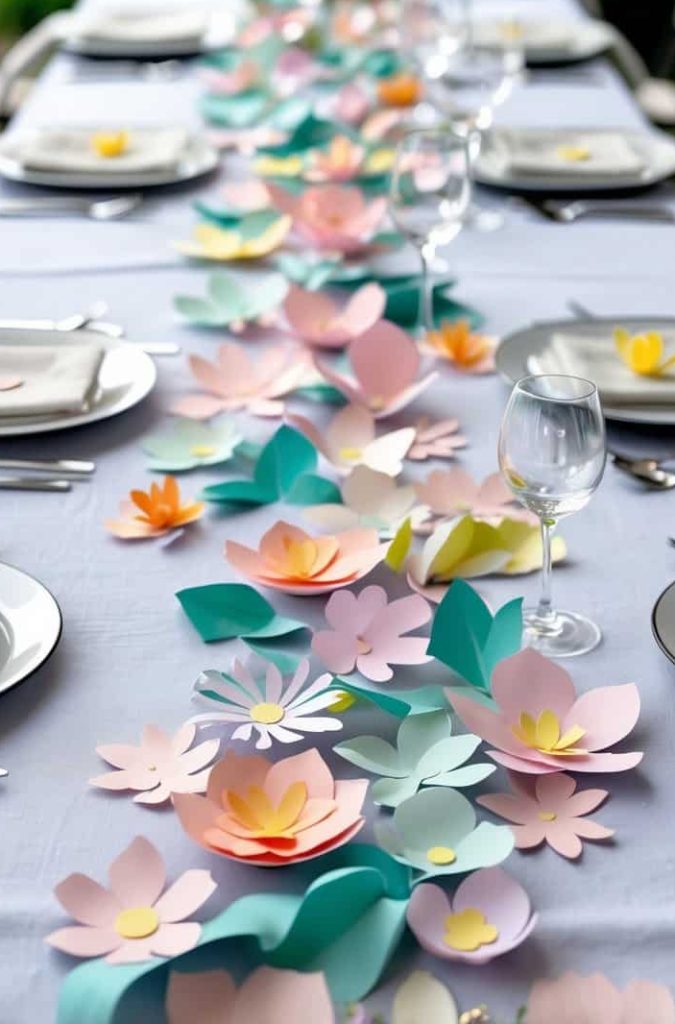 A long dining table is set with plates, glasses, and napkins, featuring a centerpiece of pastel-colored paper flowers along a white tablecloth.