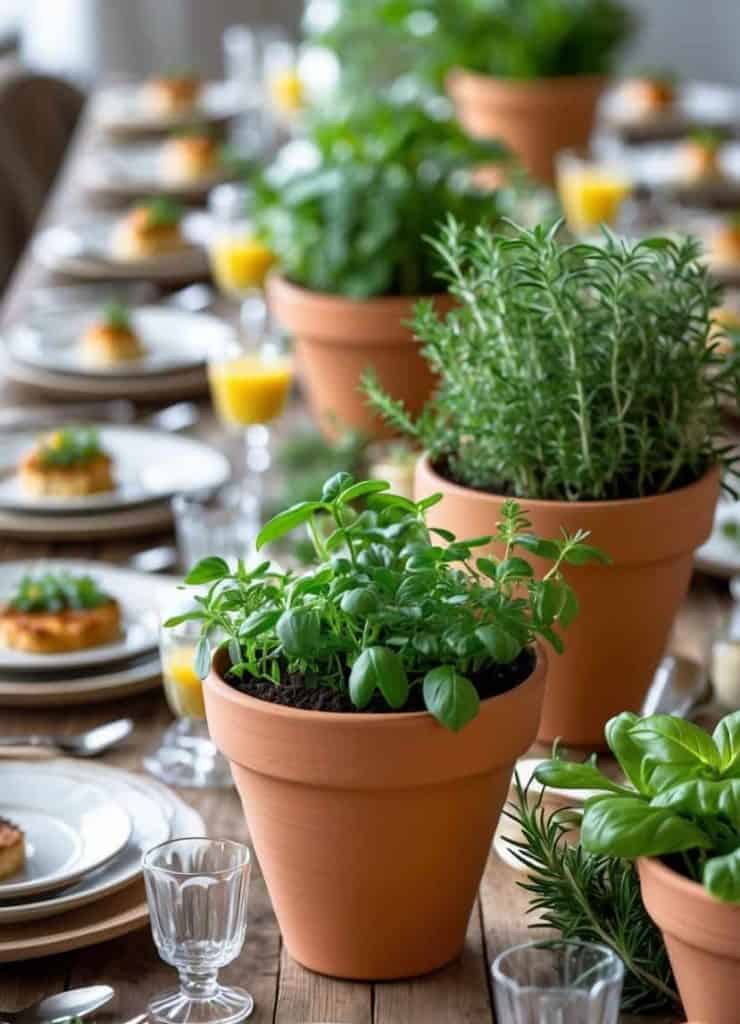 Terracotta pots with fresh herbs are arranged on a wooden dining table set with plates, glasses, and food dishes.