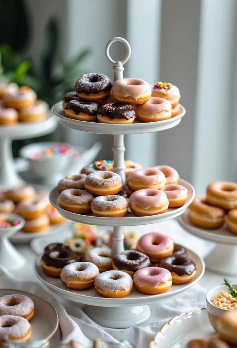 Assorted mini doughnuts displayed on a tiered stand as part of a brunch buffet table.