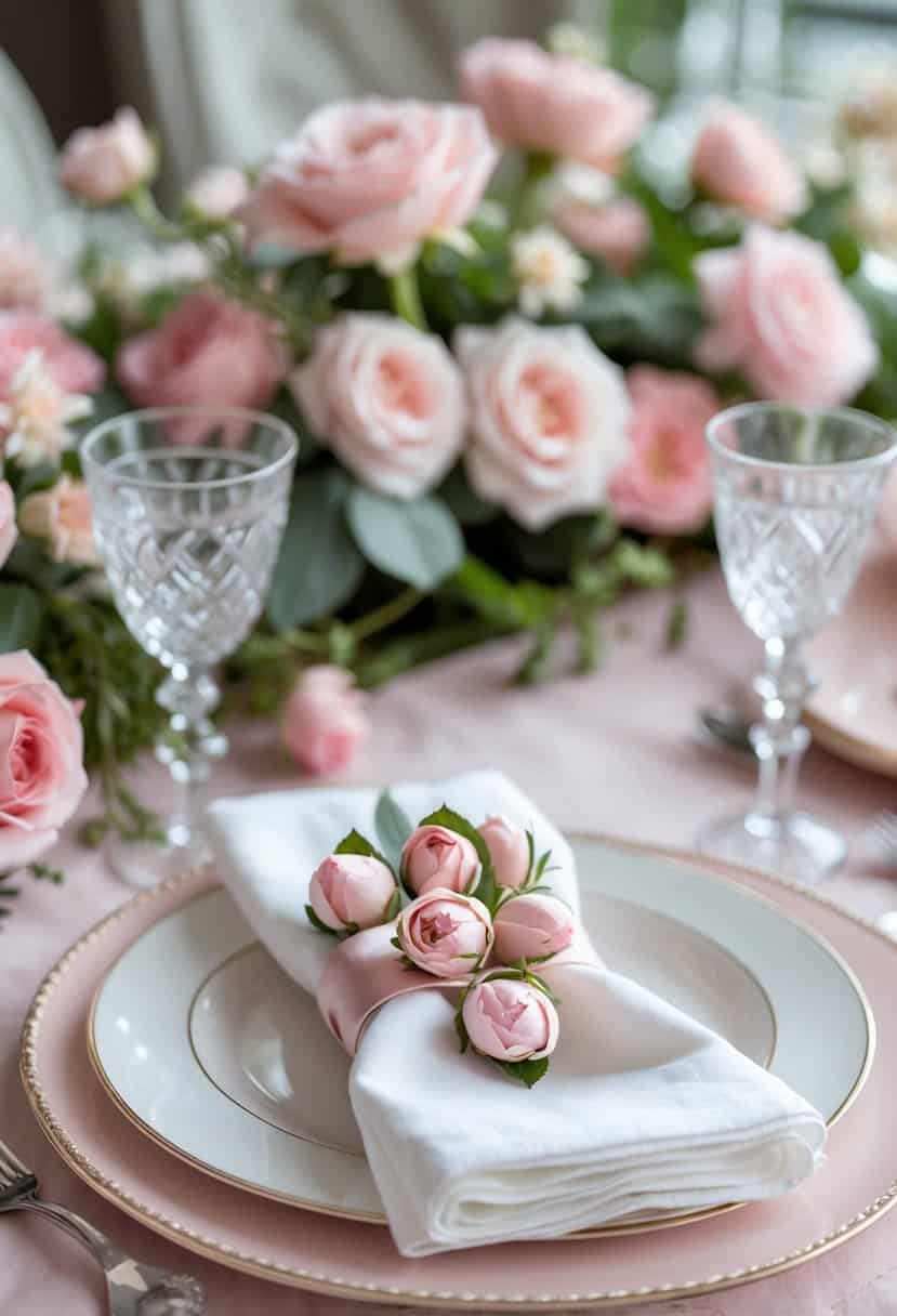 A dining table set with pink blush rosebud napkin ties and pink floral arrangements, featuring plates, glassware, and silverware arranged for a meal.