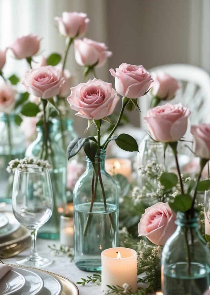 A dining table set with white dishes, wine glasses, pink roses in glass vases, and lit candles arranged as a centerpiece.