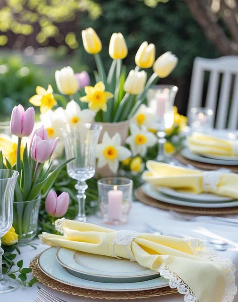 An outdoor dining table is set with white plates, yellow napkins, glassware, and decorated with yellow and pink tulips, daffodils, and candles.