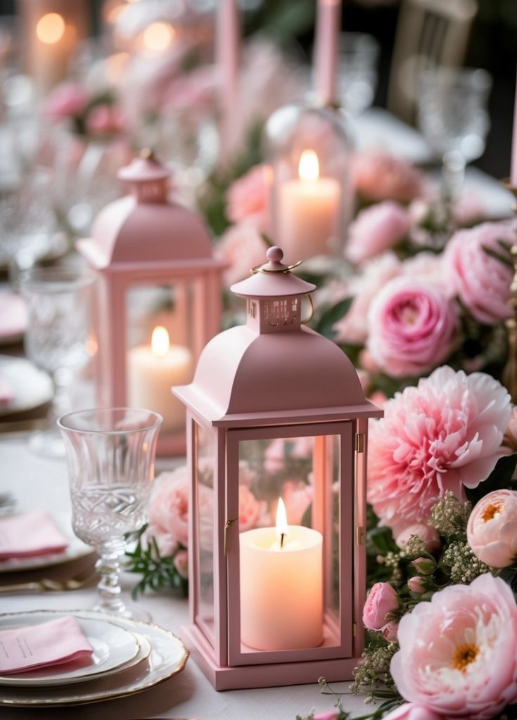 A table set with pink lanterns, lit candles, glassware, plates, and surrounded by pink flowers, creating an elegant and romantic atmosphere.