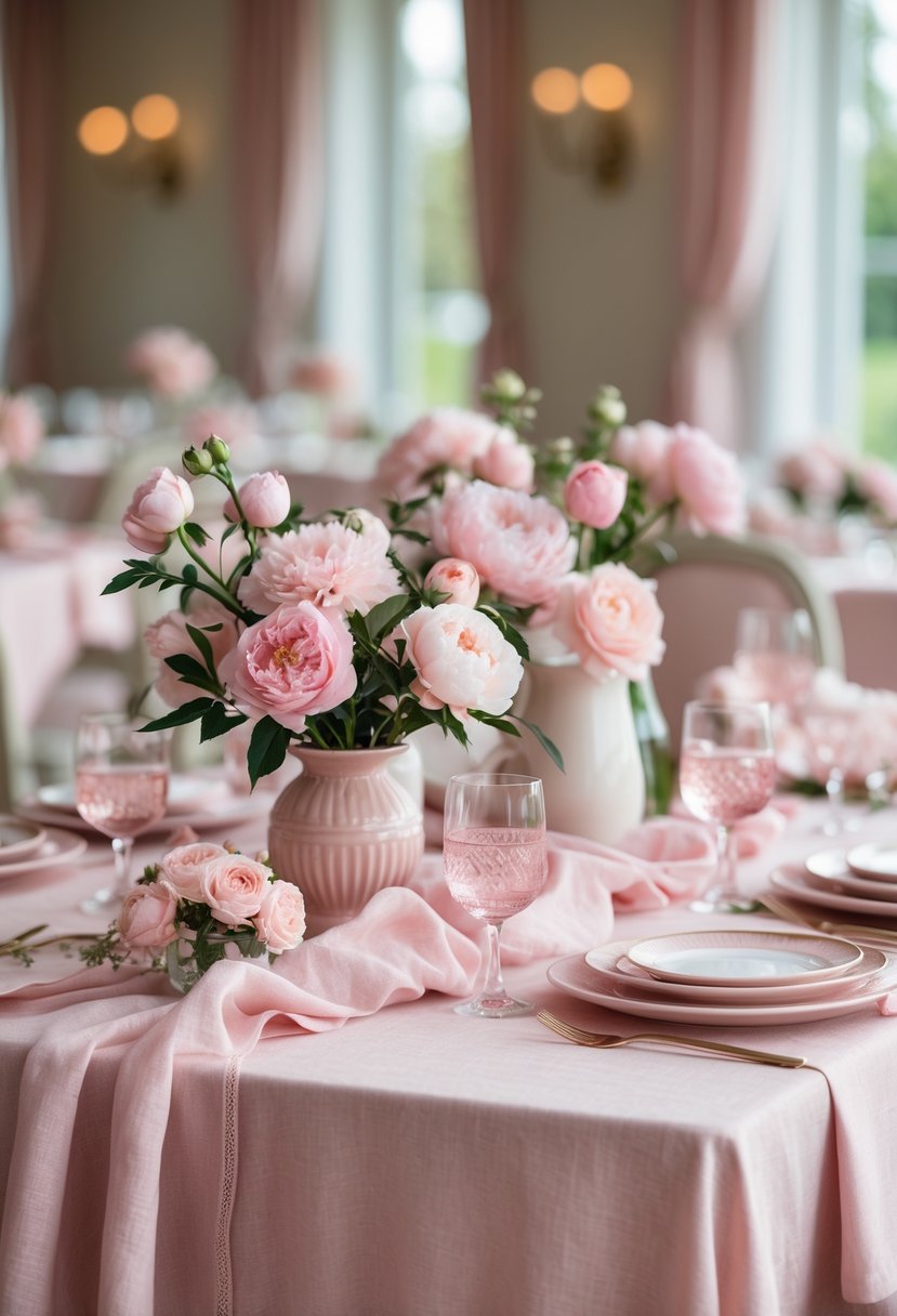 A table set with a pink linen overlay and pink floral centerpieces, including plates and glassware arranged for a meal.
