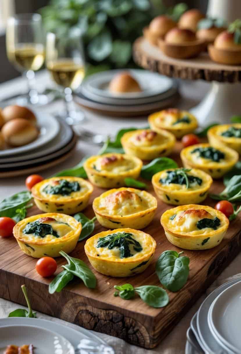 Mini frittatas arranged on a wooden board as part of a brunch buffet table with plates and glasses nearby.