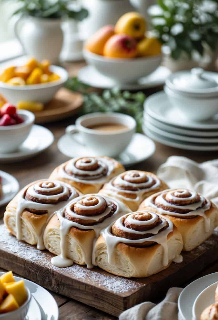 Freshly baked cinnamon rolls with white icing drizzle on a wooden board as part of a brunch buffet table.