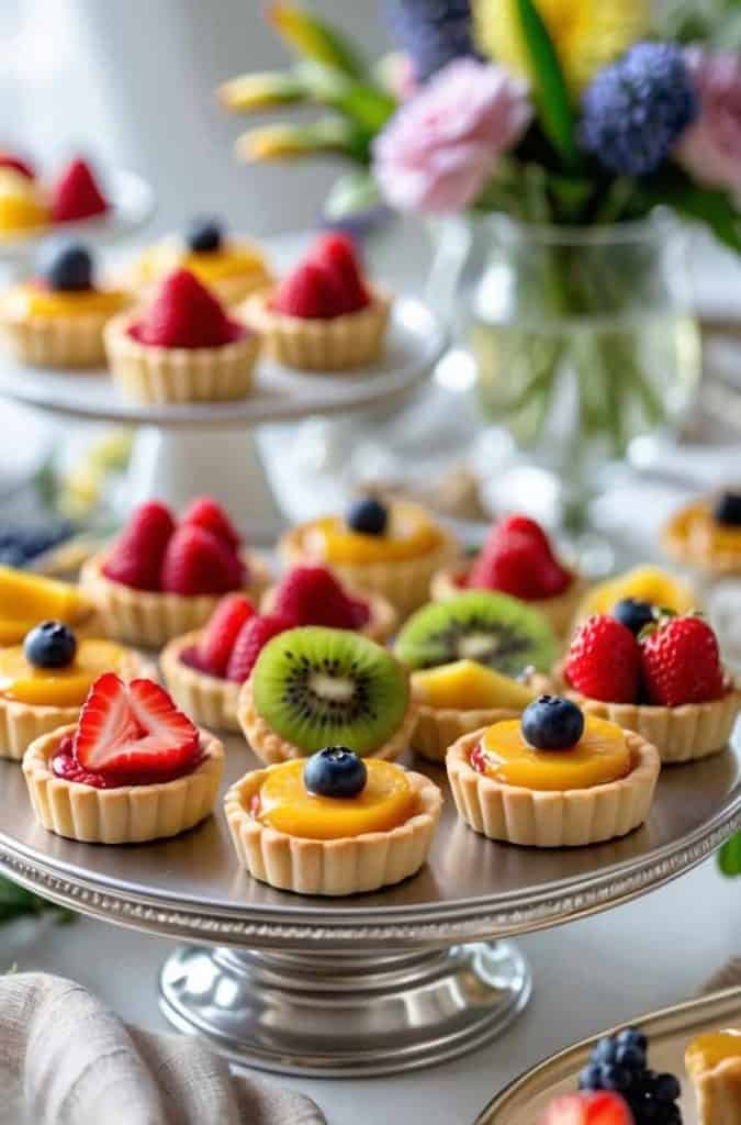 Assorted fruit tarts topped with strawberries, kiwi, blueberries, and peach slices are arranged on tiered silver trays, with a vase of colorful flowers in the background.