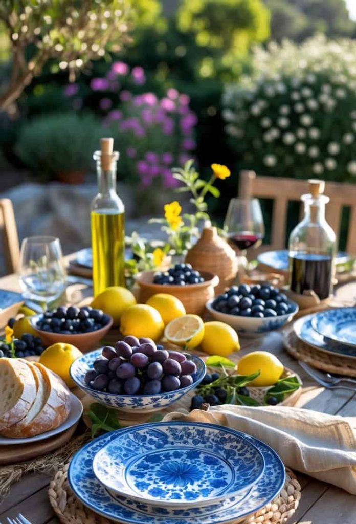 Outdoor dining table set with blue patterned plates, glasses, bread, grapes, lemons, olive oil, vinegar, and decorative flowers, with a garden background.