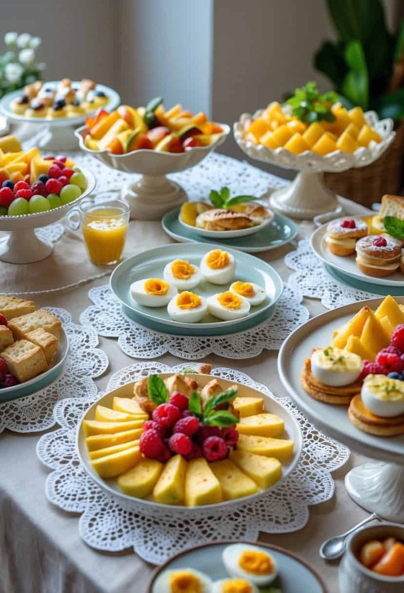 Brunch buffet table with white lace doilies under serving dishes filled with various foods like fruit, pastries, and sandwiches.