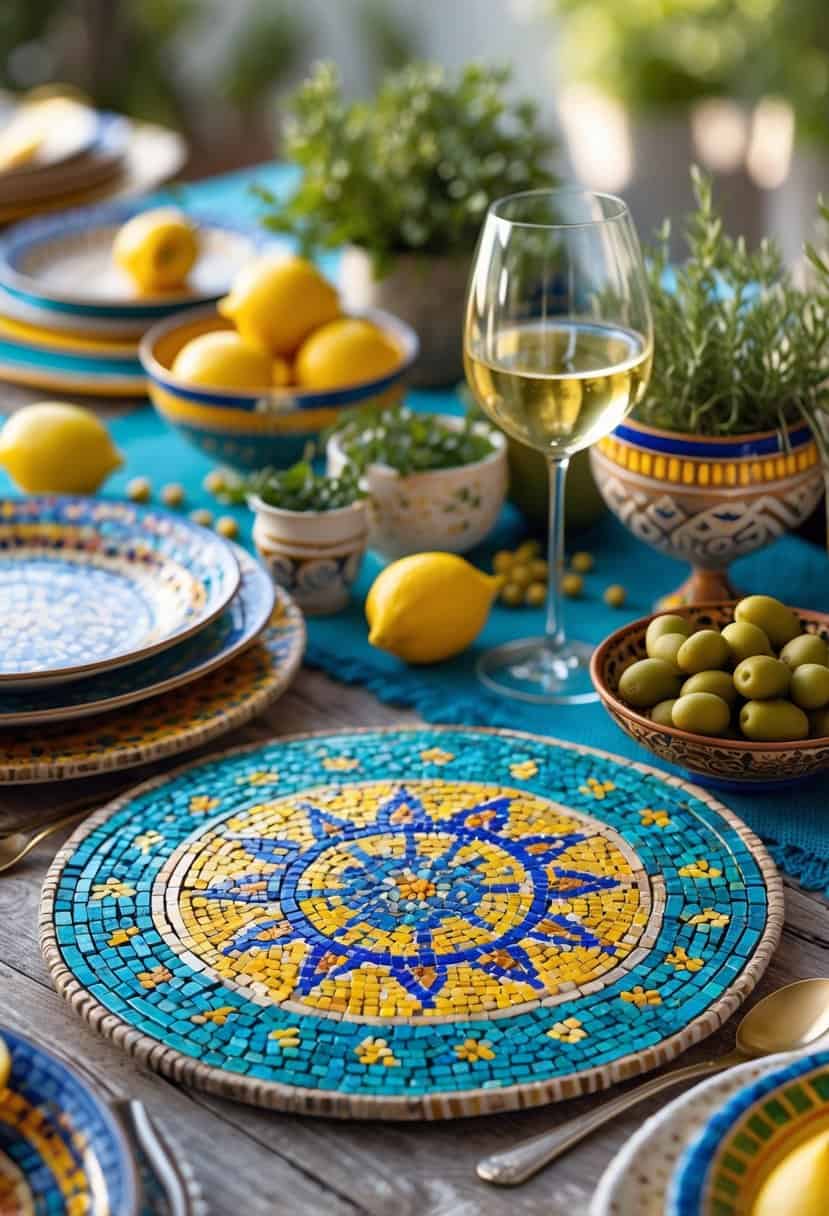 A wooden table set with colorful mosaic trivets, plates, fresh lemons, herbs, and glassware in a bright dining setting.