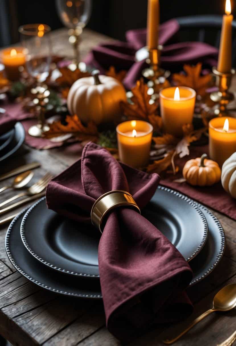 A Thanksgiving table setting with deep burgundy napkins held by bronze napkin rings, surrounded by autumn decorations and warm lighting.