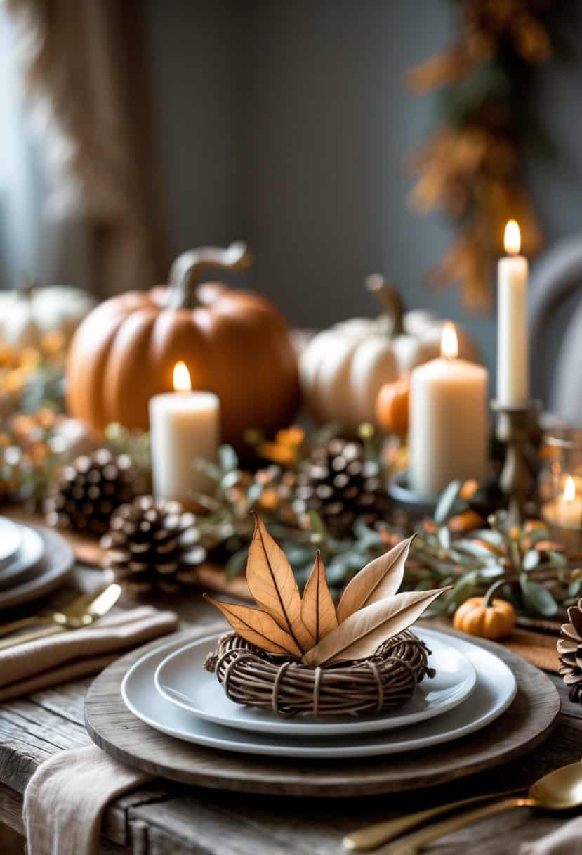A Thanksgiving table decorated with dried magnolia leaf wreaths used as place cards surrounded by autumn decorations and warm lighting.