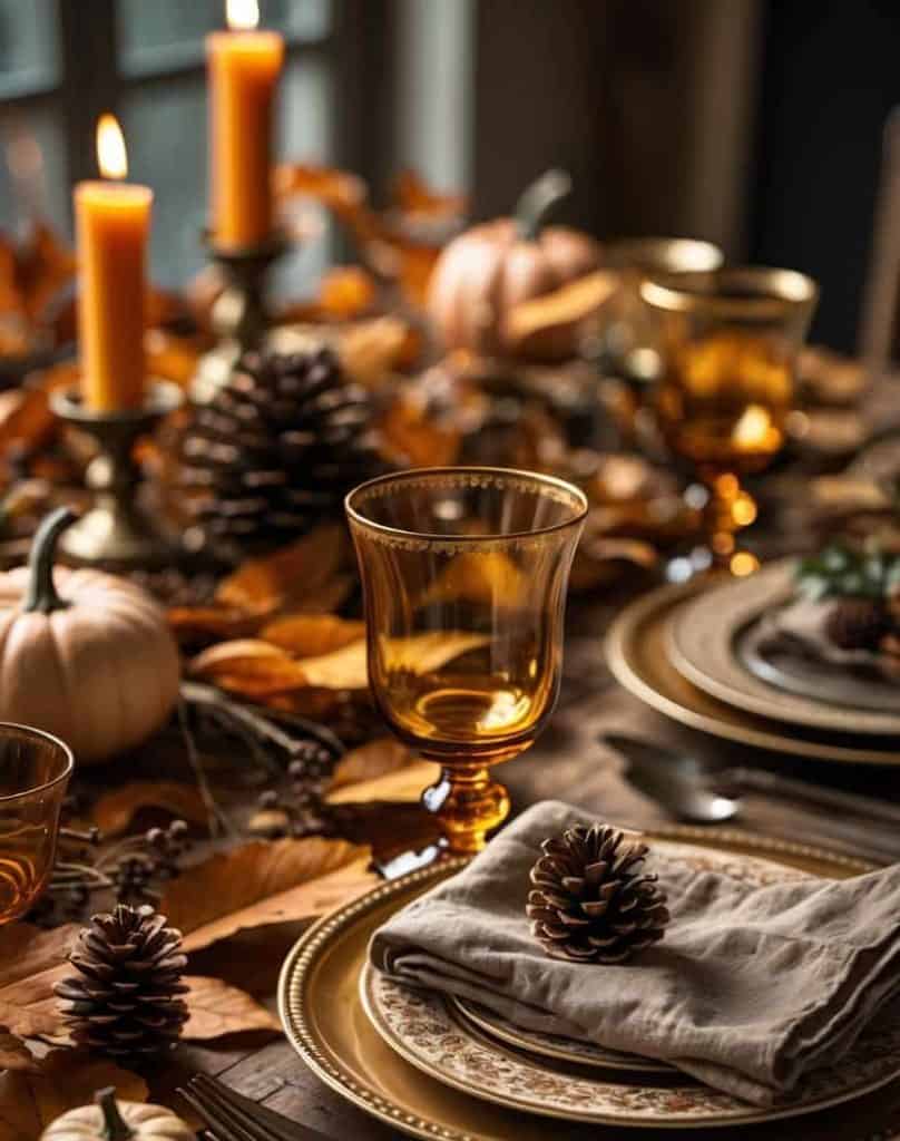 A Thanksgiving table setting with amber glasses, gold-rimmed plates, pinecones on napkins, autumn leaves, mini pumpkins, and lit candles as centerpiece decor.