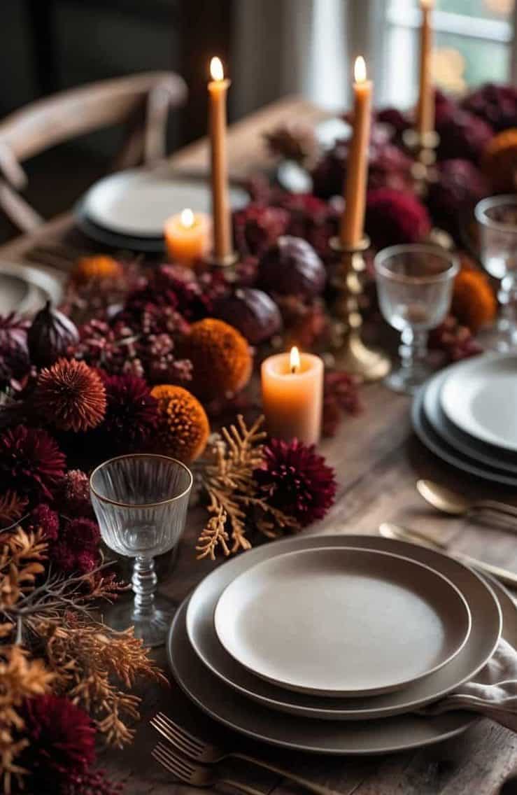 A wooden dining table set with plates, glasses, gold cutlery, candles, and a fall-themed floral centerpiece in warm colors.