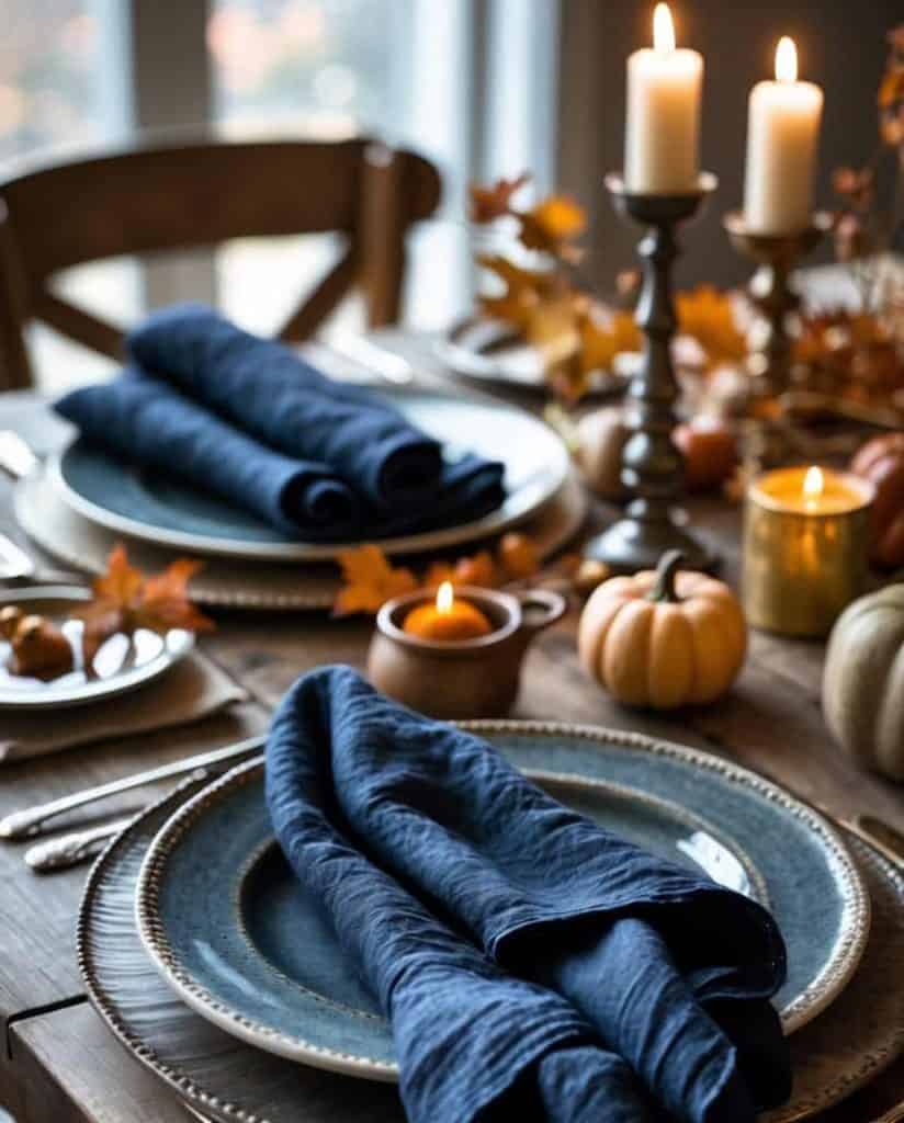 A rustic wooden table set with blue napkins on plates, surrounded by candles, small pumpkins, and autumn leaves for a cozy fall-themed meal.
