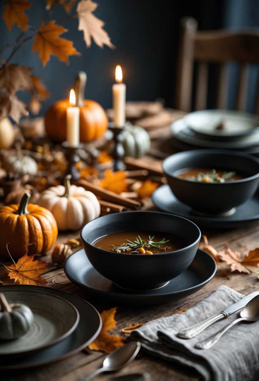 A Thanksgiving table setting with black stoneware soup bowls, autumn decorations, candles, and rustic tableware on a wooden table.