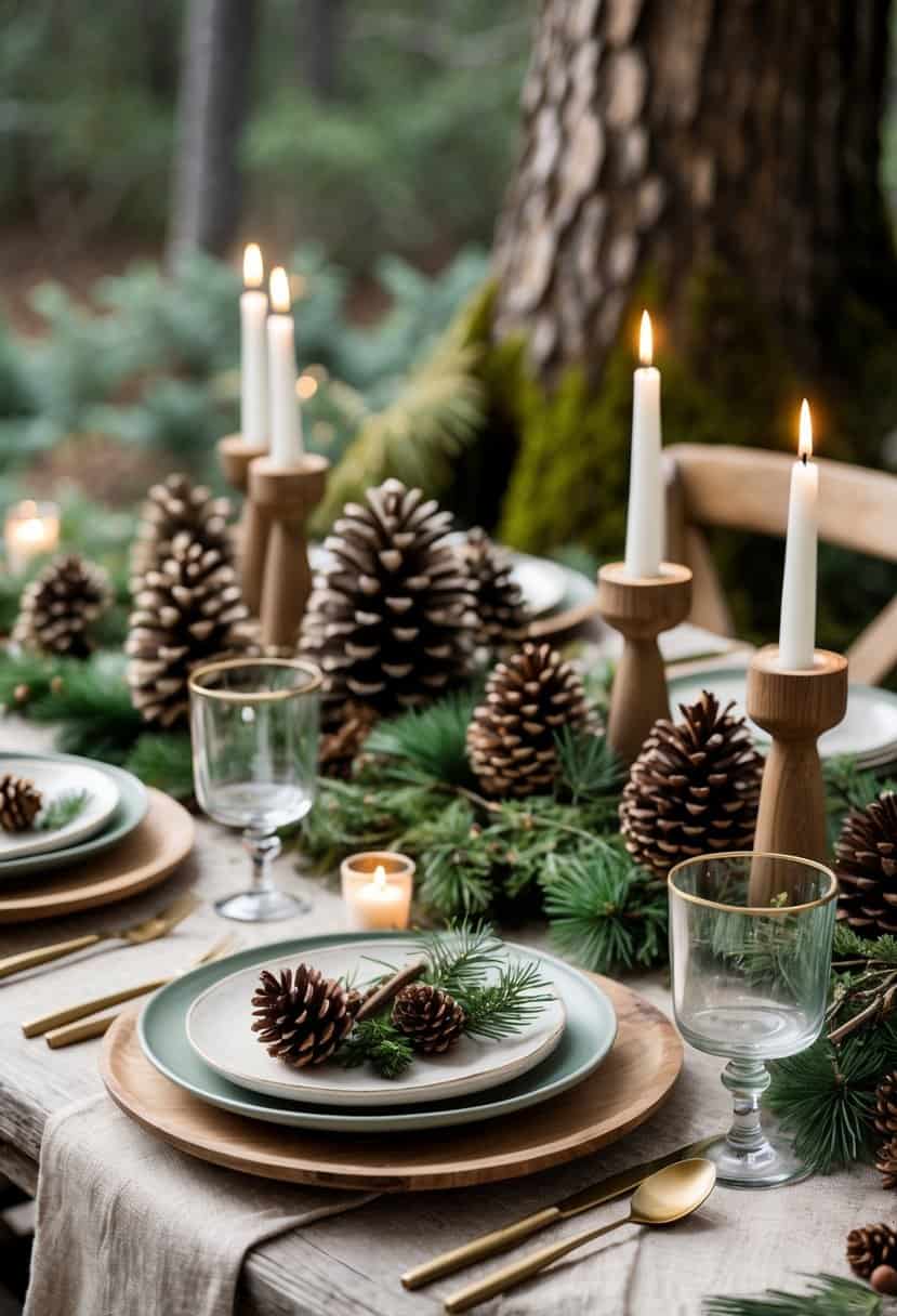 A holiday table set with pinecones, evergreen branches, candles, and rustic wooden decorations.
