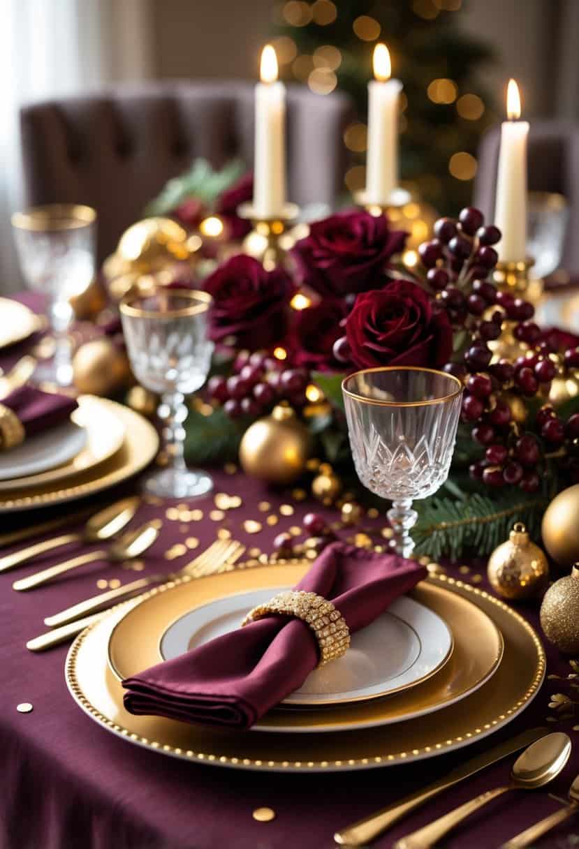A holiday dining table set with burgundy and gold decorations, including candles, flowers, plates, and glassware.
