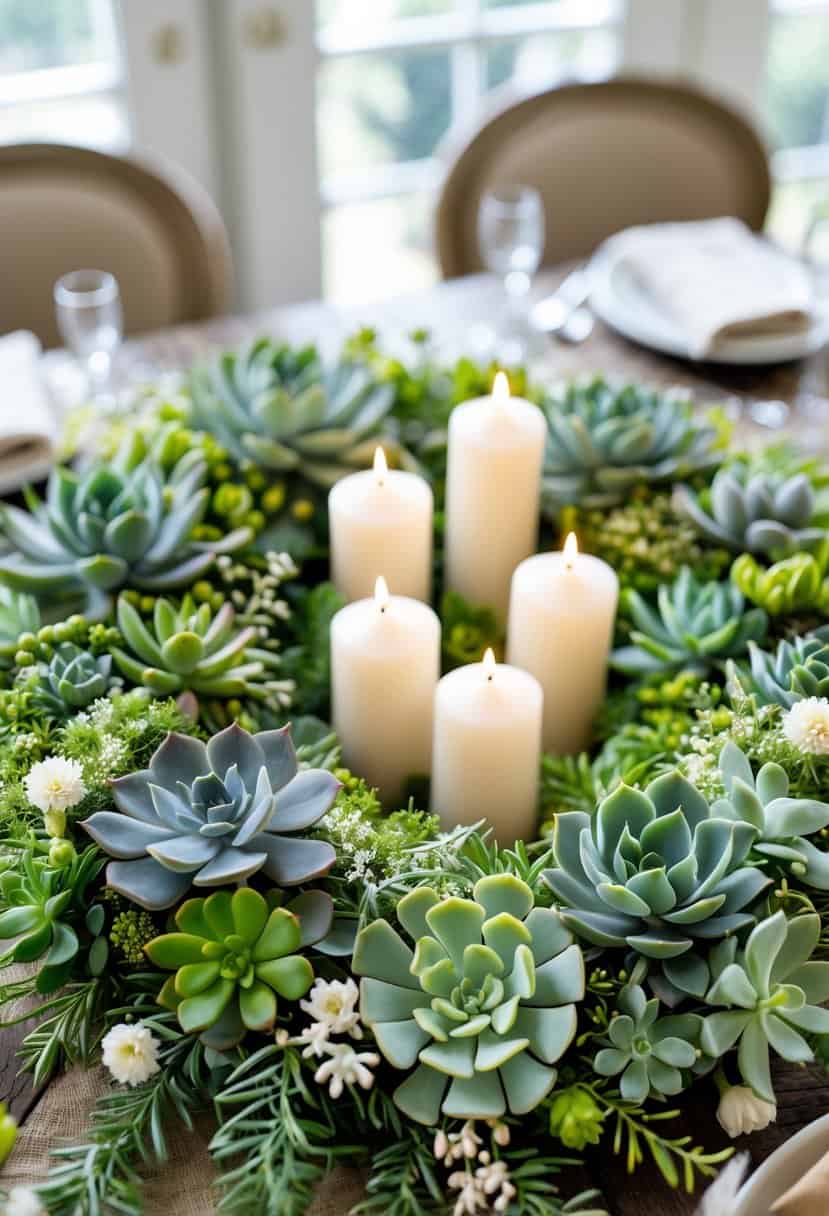 A succulent wreath centerpiece with white candles arranged on a dining table surrounded by floral decorations.