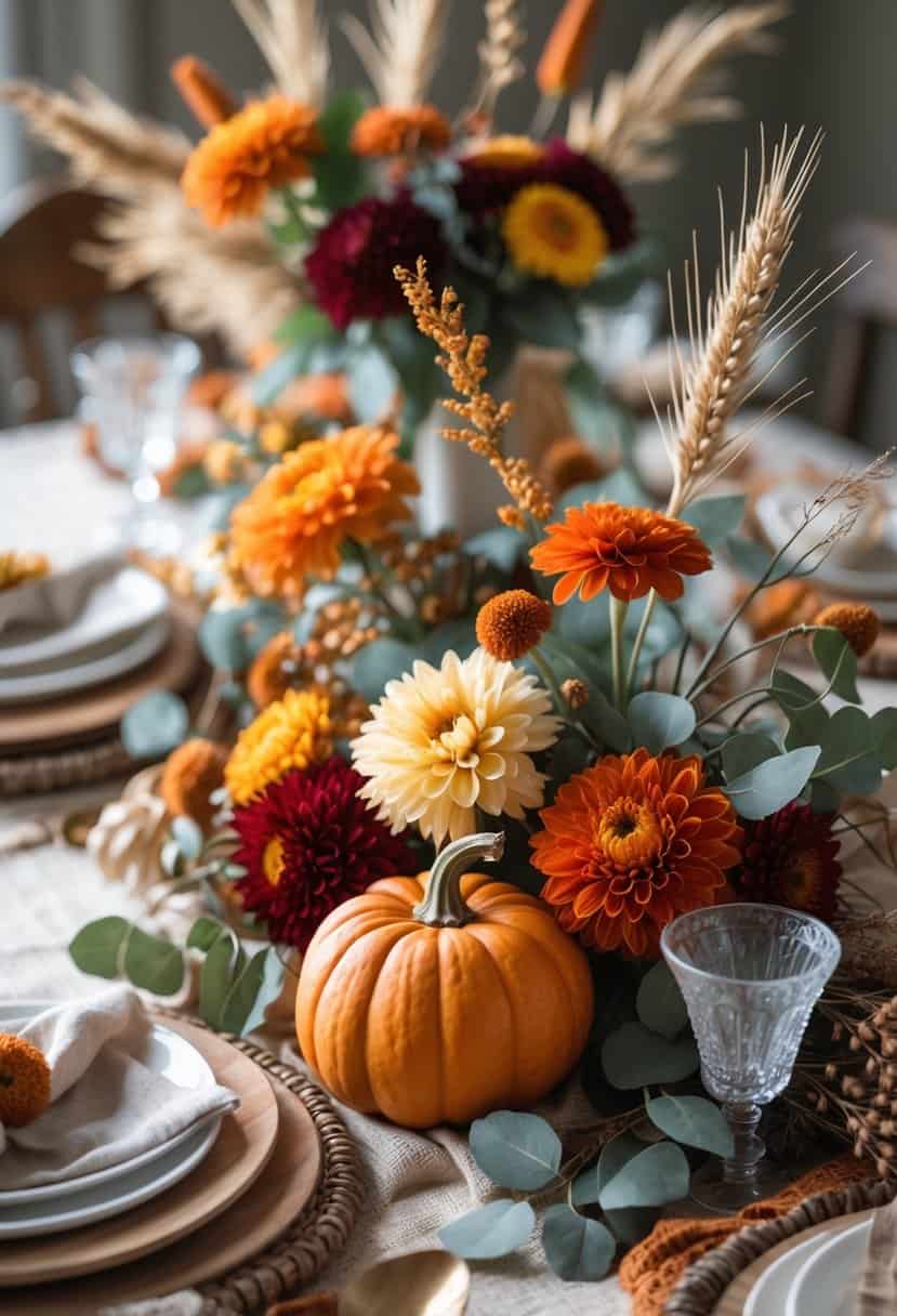 A table decorated with a mini pumpkin surrounded by autumn flowers and foliage, set with rustic tableware.