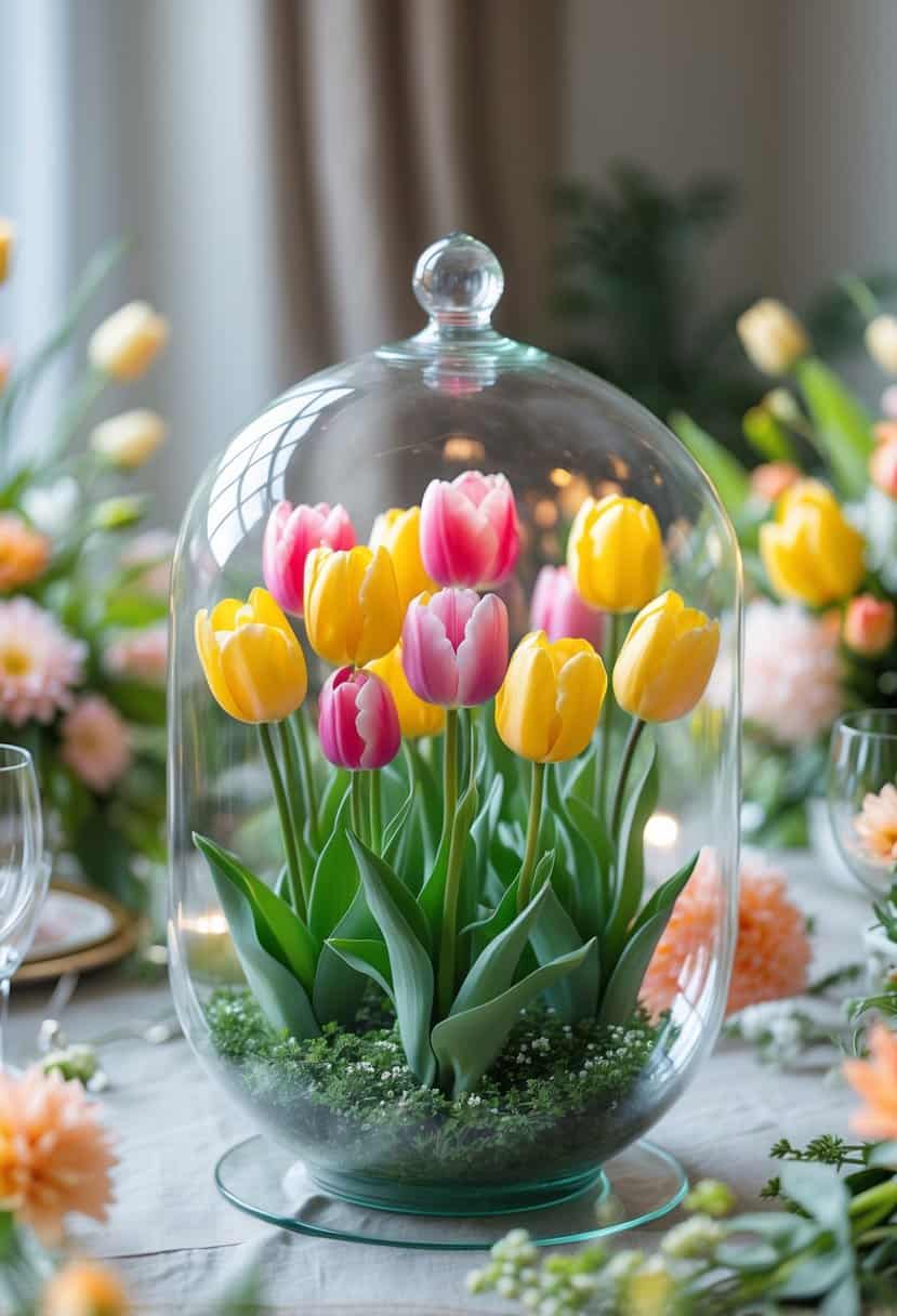 A bright tulip ball arrangement inside a glass terrarium on a floral table setting.