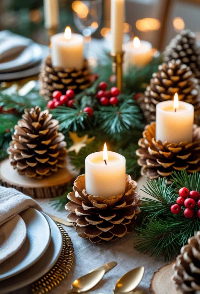 A holiday table decorated with pinecone candle holders, pine branches, red berries, and lit candles creating a warm and festive atmosphere.