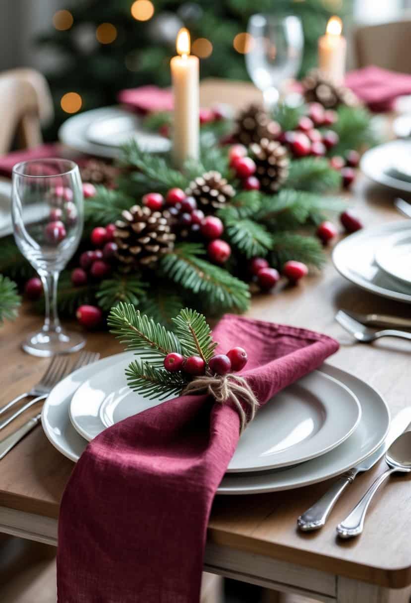 A holiday table set with cranberry-colored napkins decorated with pine sprigs and red berries, surrounded by pinecones and greenery on a wooden table.