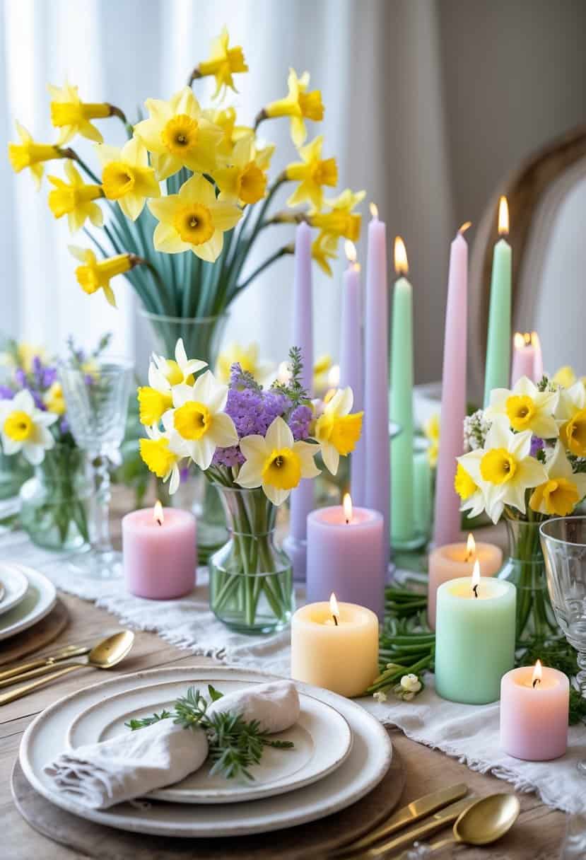 A wooden table set with bright yellow daffodils and pastel-colored candles arranged among glassware and plates.