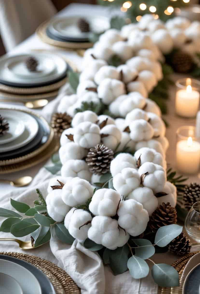 A holiday dining table decorated with a cotton snowball garland, pinecones, eucalyptus leaves, candles, and white dinnerware.