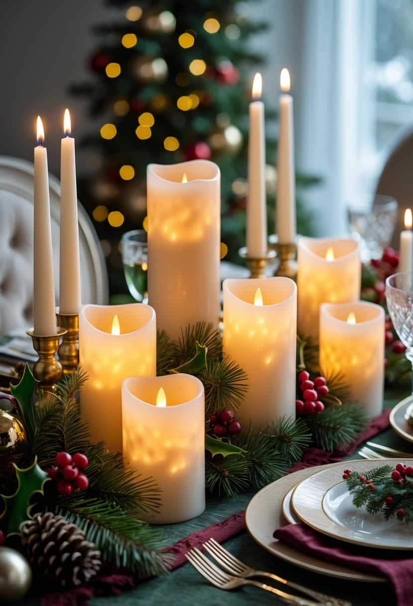 A holiday dining table decorated with LED flameless candles, pine branches, holly berries, and festive ornaments, set with fine china and glassware.