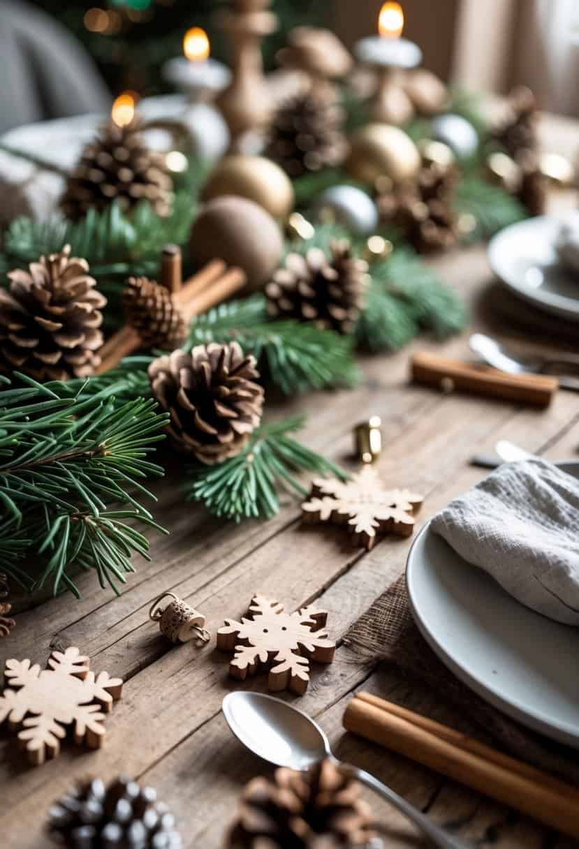 A wooden dining table decorated with scattered wooden holiday ornaments, pinecones, evergreen branches, and cinnamon sticks.