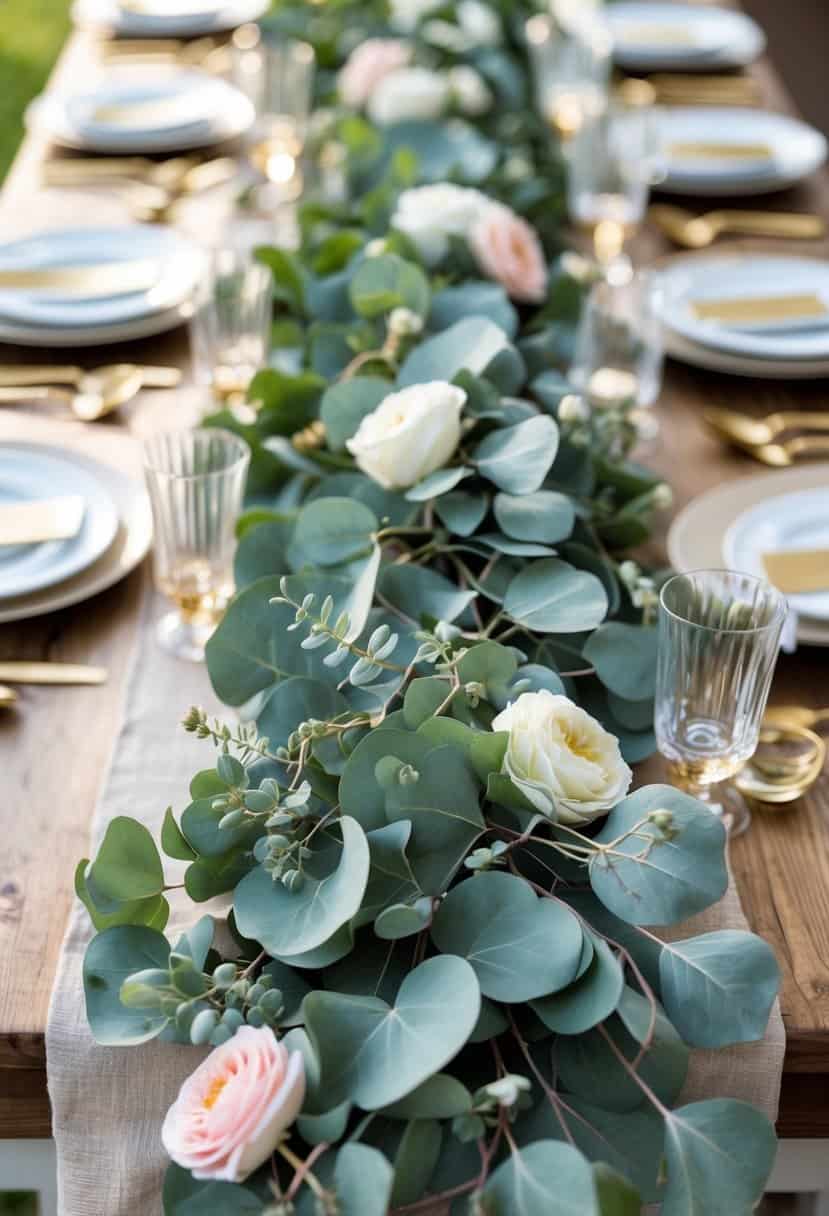 A long wooden table decorated with a fresh eucalyptus garland, white and gold dinnerware, pink and white flowers, and candles arranged for a bachelorette party.