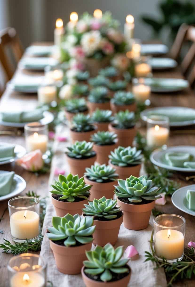 A long table decorated with 50 small succulent plants arranged as party favors among flowers and candles.