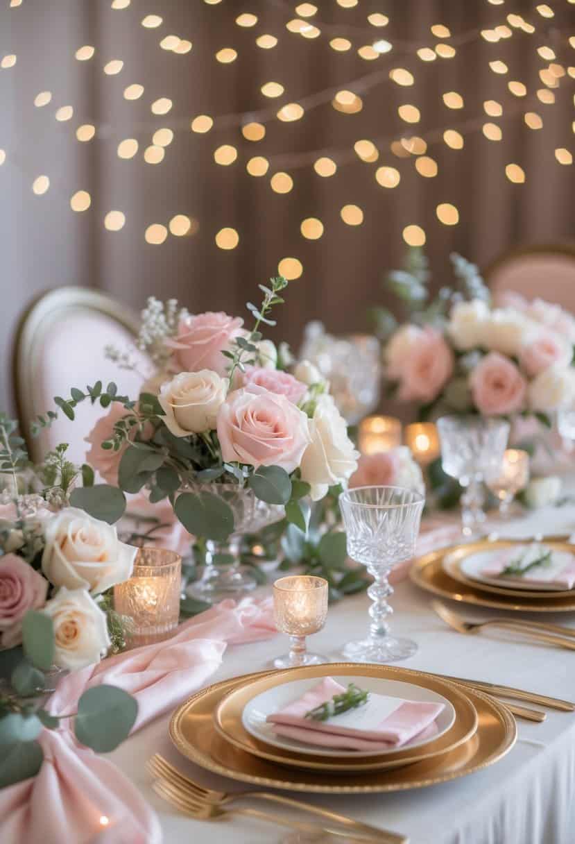 A bachelorette party table decorated with glowing string fairy lights, pastel flowers, candles, and elegant tableware.
